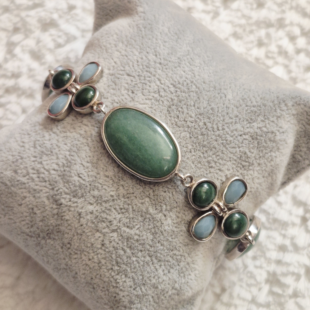 Sterling Silver Floral Jade & Larimar Stone Bracelet - Picture 2 of 10